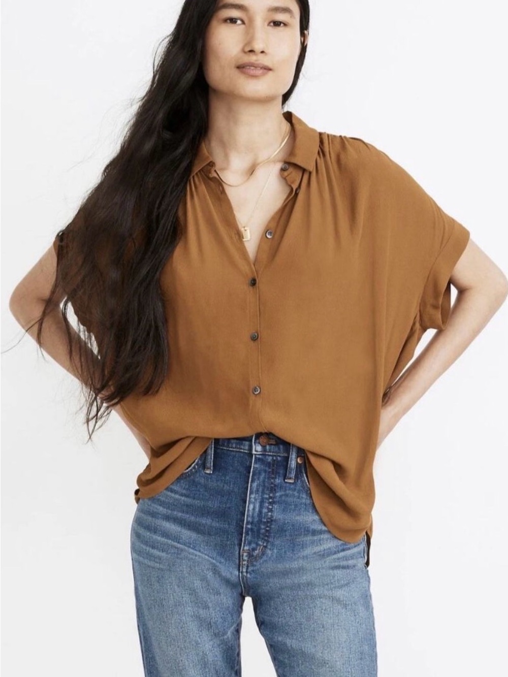Madewell Central Drapey Caramel Brown Short-Sleeve Button-Down Shirt